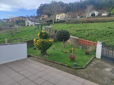 a yard with two trees and a fence at Casa familiar con finca privada (Orolterra) in Viveiro