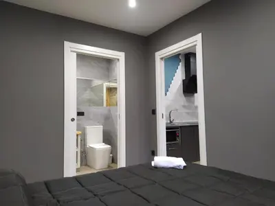 a bedroom with a bed and a bathroom with a toilet at Apartamentos turísticos o palomar in Villalba