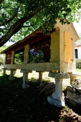 a stone bench in front of a building with a door at QUINTA do SOUTO BARCIADEMERA in Barciademera