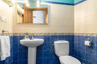 a bathroom with a toilet and a sink and a mirror at Apartamentos Turisticos As Cetareas in Rinlo