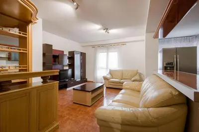 a living room with a couch and a tv at U-Hotel Darío Lugo in Lugo