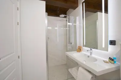a white bathroom with a sink and a shower at Hotel As Torres da Hermida in Monterroso