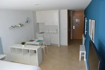 a bedroom with a bed and a desk and a table at Estación de Montaña Manzaneda in Puebla de Trives