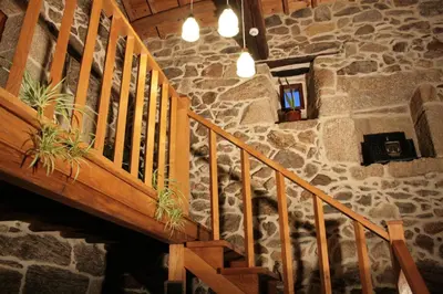 a wooden staircase in a stone building with potted plants at Casa Rural Rectoral de Candás in Rairiz de Veiga