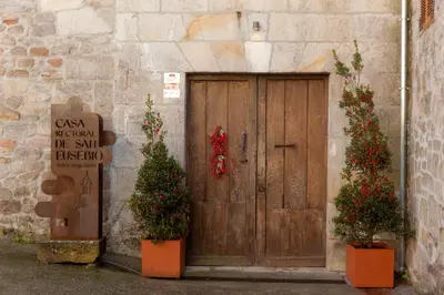 a wooden door with two potted plants and a sign at CASA RECTORAL DE SAN EUSEBIO in Ourense