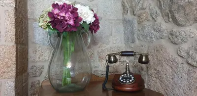 a glass vase with flowers on a table next to a telephone at Casa Do Conde in Caldas de Reis