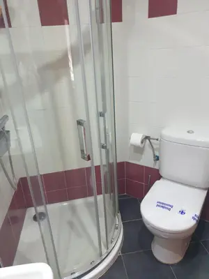 a bathroom with a toilet and a glass shower at Apartamento Ático Cine Colón in Ribadeo