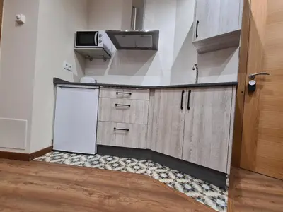 a kitchen with a white refrigerator and a sink at Casa da Marquesa Sarria in Sarria