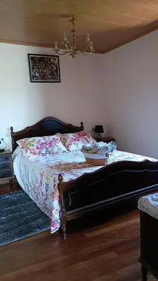 a bedroom with a bed and a chandelier at Casa Quintela in Ourense