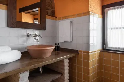 a bathroom with a wooden bowl sink on a counter at Pazo de Moreda in Sober
