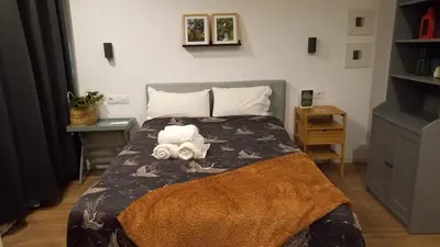 a bedroom with a bed with a stuffed animal on it at Pensión O Corazón da Ribeira Sacra in La Teijeira