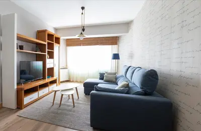 a living room with two blue couches and a tv at Adeinés Viviendas uso turístico medio in A Estrada