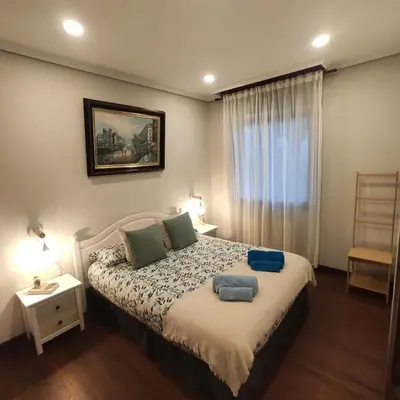 a bedroom with a bed with two pillows and a window at Casa Charo Prexigueiro in Ribadavia
