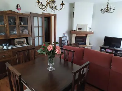 a living room with a table with a vase of flowers at O abeiro de Buscalte in Roupar
