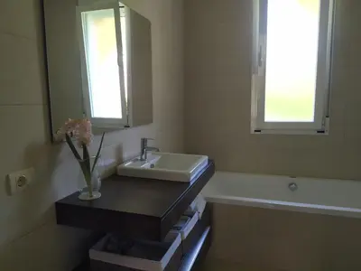 a bathroom with a sink and a vase of flowers at O abeiro de Buscalte in Roupar