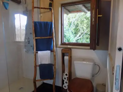 a bathroom with a toilet and a ladder next to a window at Cabaña Bioxana in Molejón