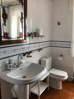 a bathroom with a sink and a toilet and a mirror at Casa De Cacheiro in Silleda