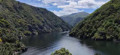 a river in the middle of a valley with trees at Alojamiento Pena da Osa in Sober