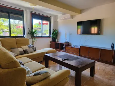 a living room with two couches and a flat screen tv at Alojamiento Pena da Osa in Sober