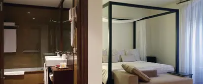 a bedroom with a canopy bed and a shower at Hotel Palacio de Merás in Tineo