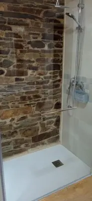 a bathroom with a shower with a stone wall at Apartamentos Fons sacrata in Fonsagrada