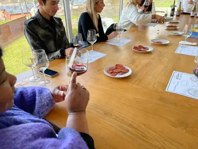 a group of people sitting around a table with wine glasses at The Way Hotel Molinaseca in Molinaseca
