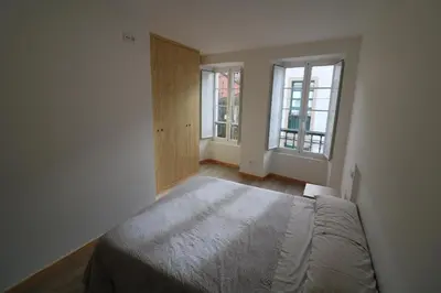 a bedroom with a bed and two windows at Buen Camino Melide in Melide