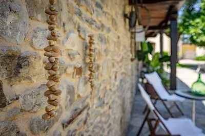 a group of shells on a stone wall at Casa Peleyón in Castropol