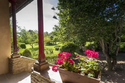 a porch with pink flowers and a pole at Araucaria House in Barreiros