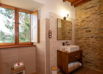 a bathroom with a shower with a sink and a mirror at Araucaria House in Barreiros