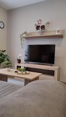 a living room with a large flat screen tv at APARTAMENTOS TURISTICOS LAS CANDELAS in Puebla de Sanabria