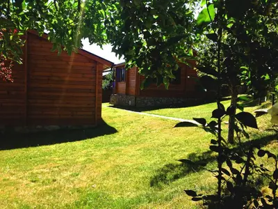 a yard with a shed and a grass field at Cabañas Maleixas in El Puente
