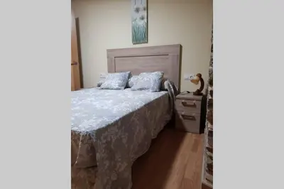 a bedroom with a bed and a nightstand with a bed sidx sidx at Apartamento con vistas al río A Solaina in Samos