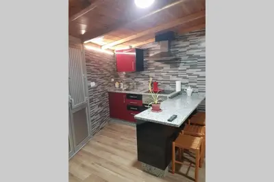 a kitchen with a island in a room with a brick wall at Apartamento con vistas al río A Solaina in Samos