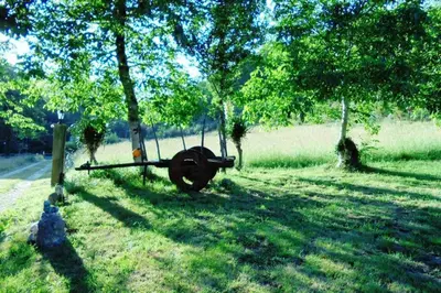 a large wheel sitting in the grass under trees at Apartamento con vistas al río A Solaina in Samos