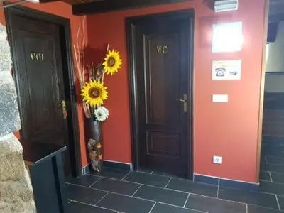a hallway with two doors and a vase of flowers at Casa Das Airas in Sarria