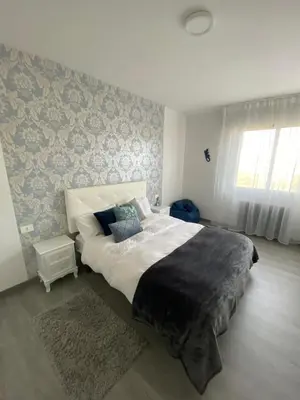 a bedroom with a large bed and a wall at Precioso piso en el centro de Galicia. in Silleda