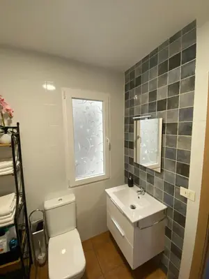 a bathroom with a toilet and a sink and a window at Precioso piso en el centro de Galicia. in Silleda