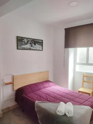 a bedroom with a purple bed and a window at Albergue Santos in Santiago de Compostela