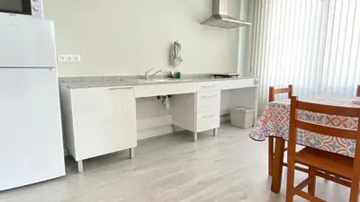 a kitchen with a sink and a refrigerator and a table at Apartamentos Pantón Ribeira Sacra in Ferreira de Panton