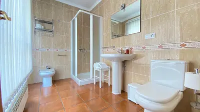 a bathroom with a toilet and a sink and a shower at Apartamentos Pantón Ribeira Sacra in Ferreira de Panton