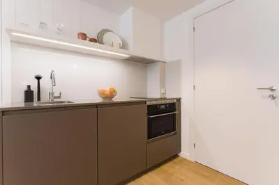 a kitchen with a sink and a stove at SEIS ALDABAS Apartamentos in Santiago de Compostela