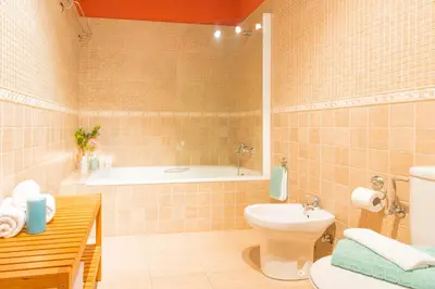 a bathroom with a toilet and a tub and a sink at Casa Gayón in Pola de Allande
