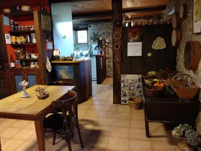 a kitchen and dining room with a wooden table at Reitoral de Chandrexa in Parada del Sil