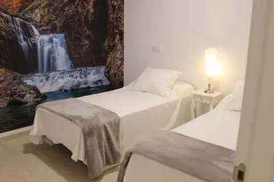 two beds in a room with a painting on the wall at Acogedor apartamento en el centro de Monforte in Monforte de Lemos
