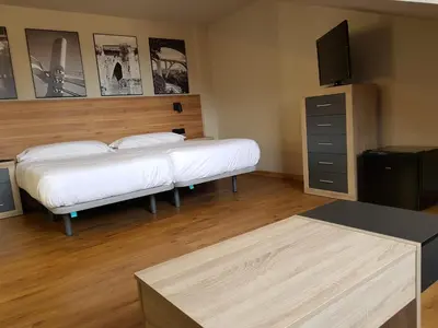 a bedroom with two beds and a television in it at Apartamentos Turísticos y Habitaciones Cidade Vella by Bossh! Hotels in Ourense
