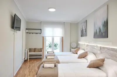 a bedroom with two beds and a tv at Peregrina Pension 3 in O Pedrouzo