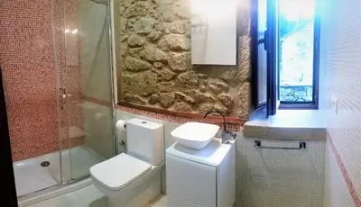 a bathroom with a toilet and a sink and a shower at Escola de Bieite in Boimorto