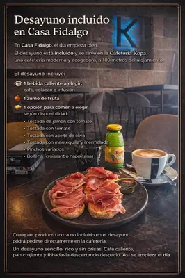 a flyer with a plate of bacon and a cup of coffee at Casa Fidalgo in Ribadavia