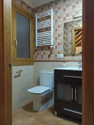 a bathroom with a toilet and a sink and a mirror at Casa das Pozas 2 in Monforte de Lemos